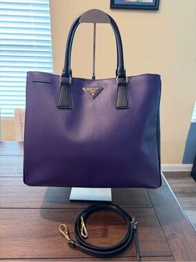 Prada Purple & Black Saffiano Leather Tote and Gold Hardware. EUC, with COA.